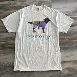 Vintage Jerzees Trend Setter Dog Graphic T-Shirt USA 100% Cotton Size L Cream